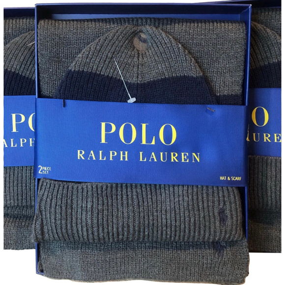 RALPH LAUREN POLO Gray Knit Hat & Scarf Set with Navy Blue Stripe NWT